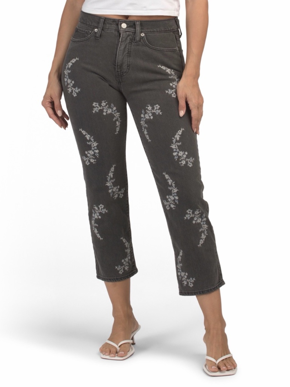 Lucky Brand Charcoal Cropped Jeans with White Floral Embroidery